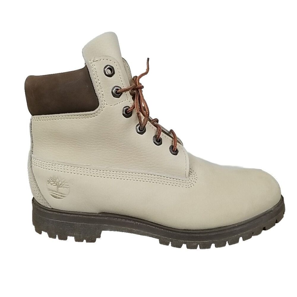 VTG Timberland 6" Premium Boots Beige Leather Womens 8.5 W Made In USA Rare 90s
